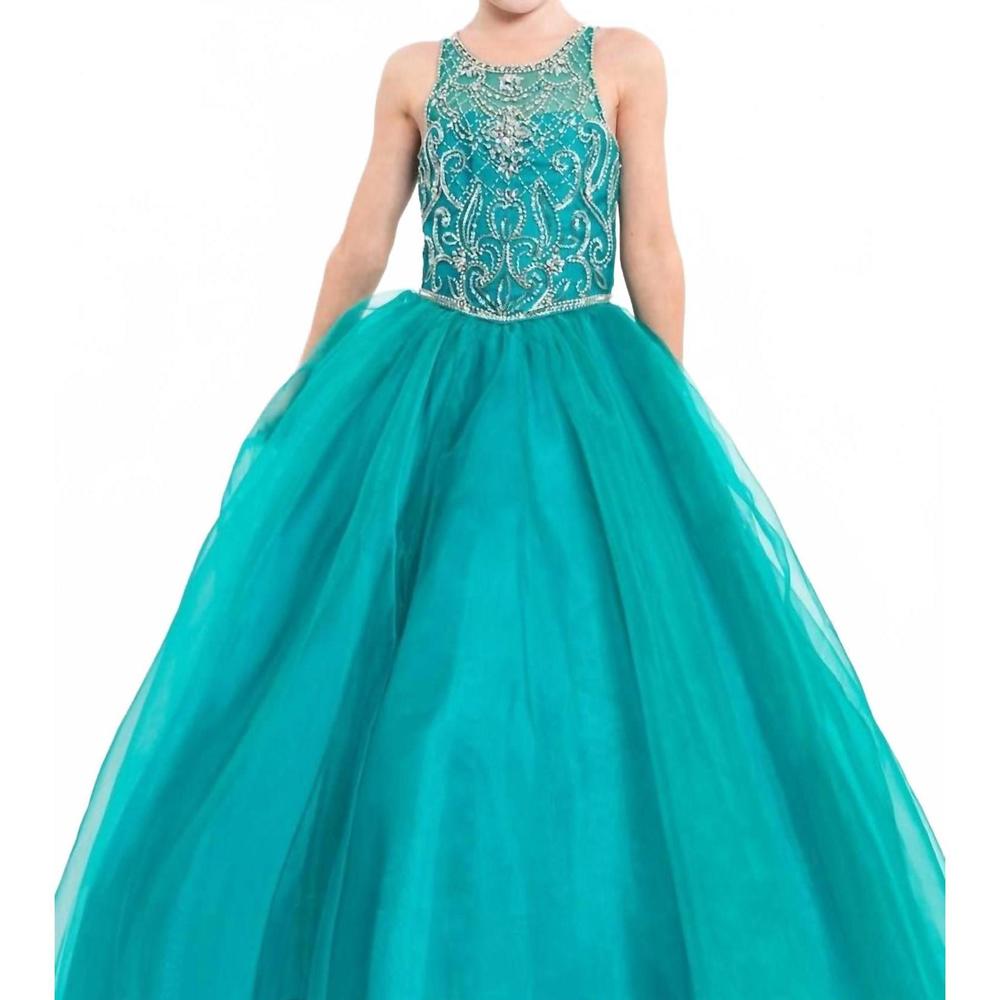 NEW RACHEL ALLAN halter beaded organza pageant ball gown in jade
